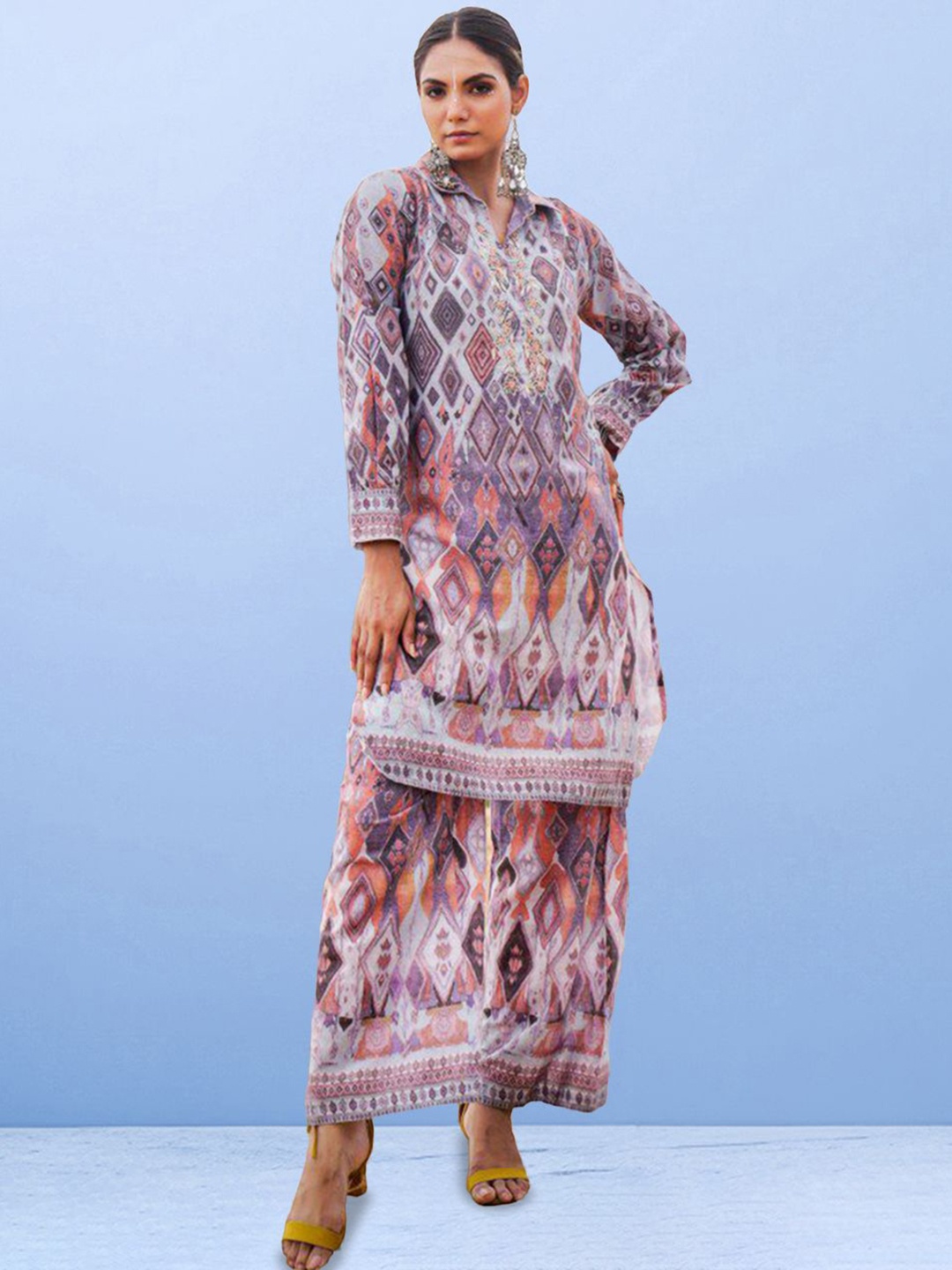 

CUSTARD Printed Linen Tunic & Palazzos, Purple