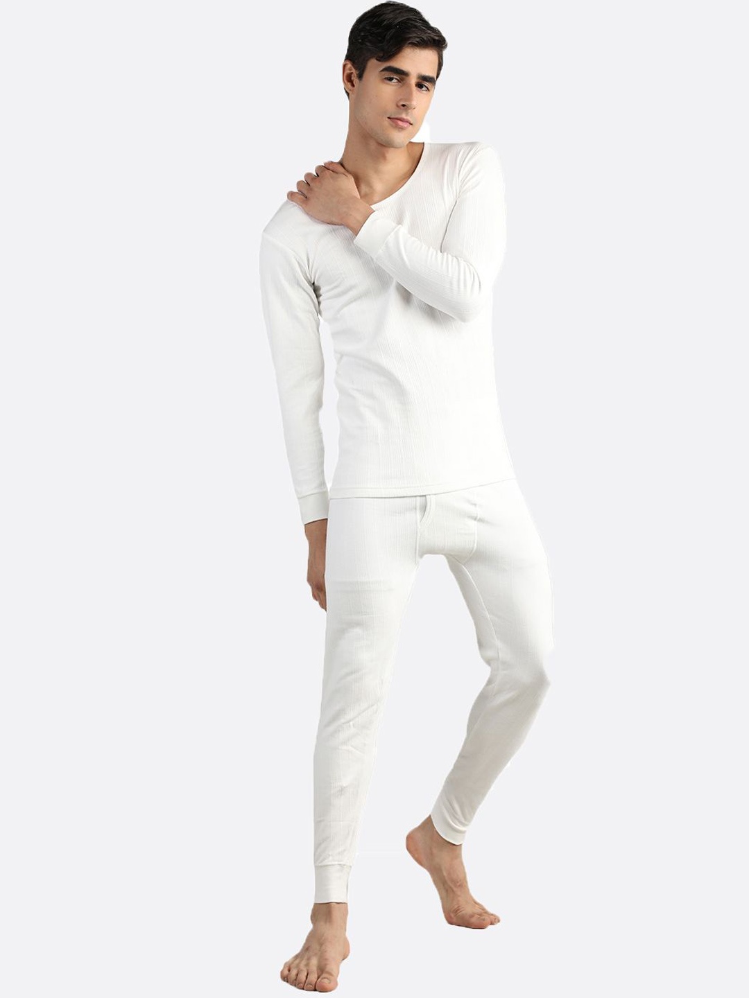 

NEVA Plus Size Men Cotton Full Sleeves Mid- Rise Round Neck Thermal Set, Off white