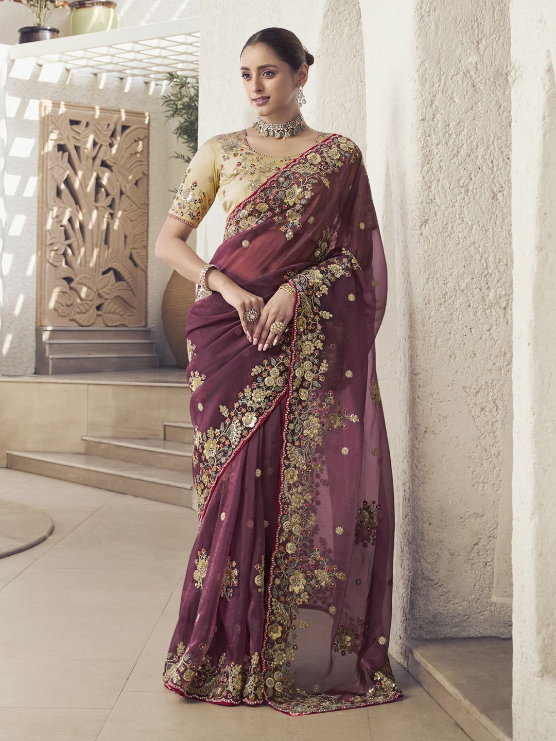 

ODETTE Embroidered Organza Saree, Purple