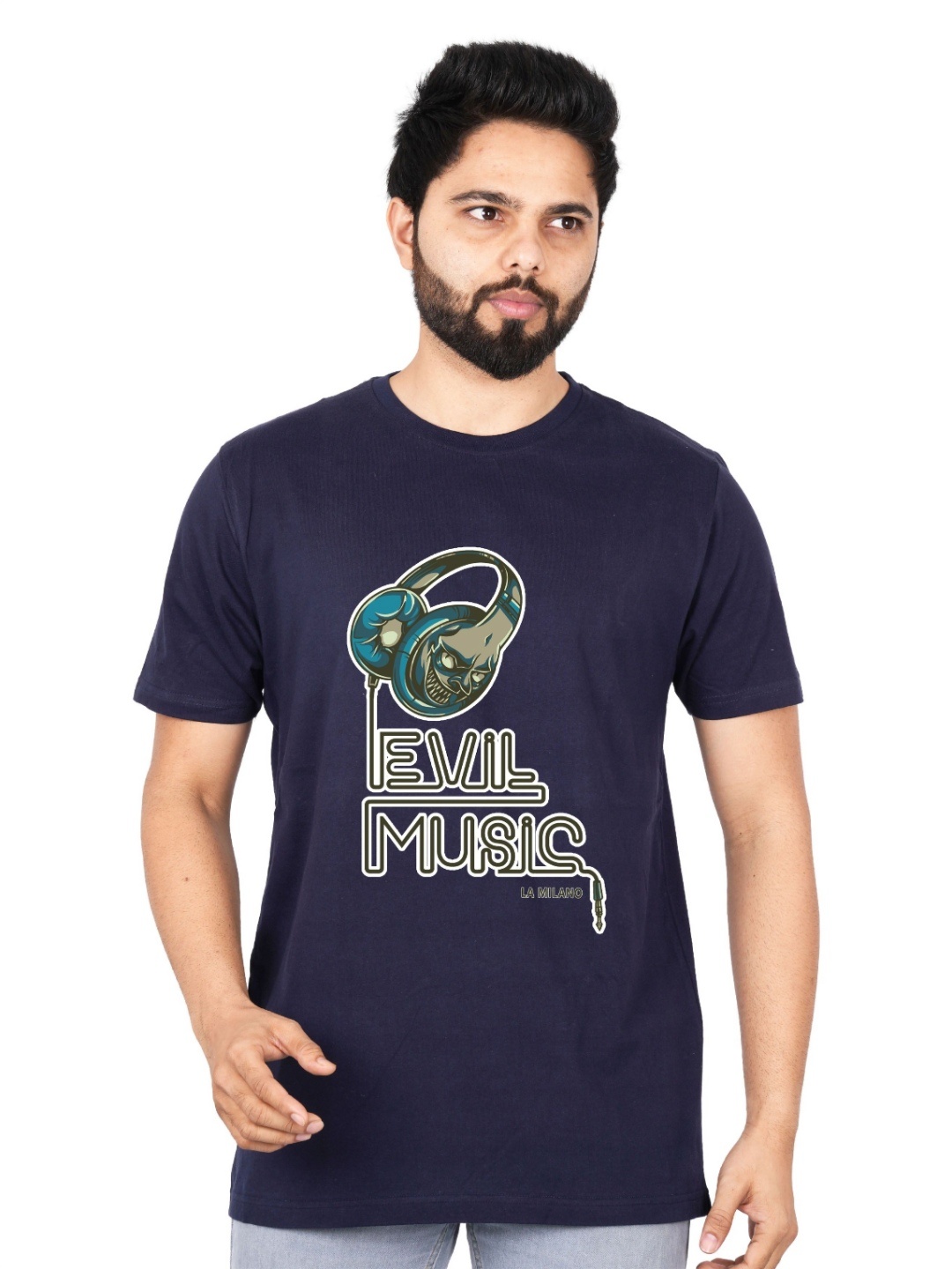 

LA MILANO Men Graphic Printed Round Neck Pure Cotton Slim Fit T-shirt, Navy blue