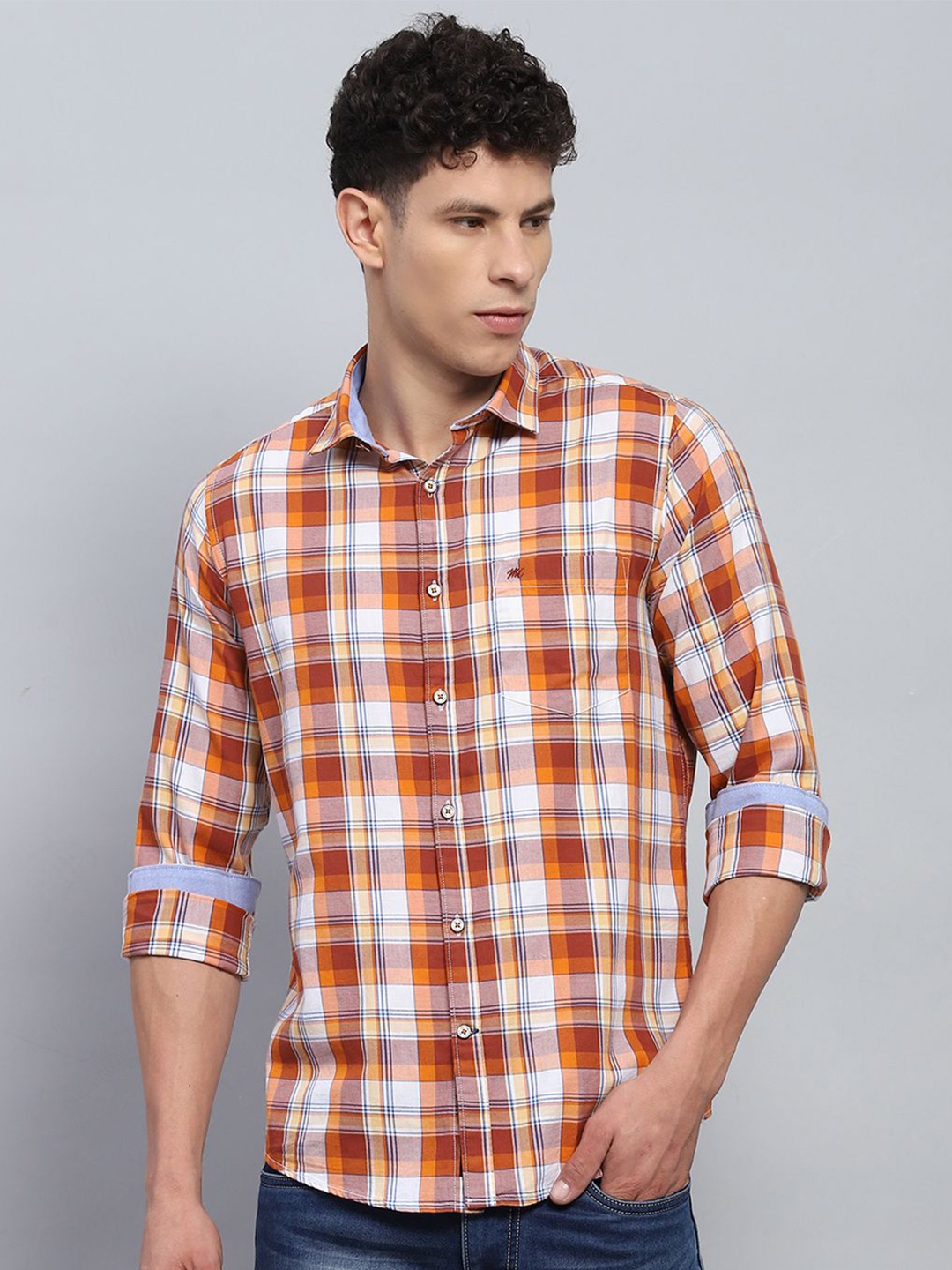 

Monte Carlo Men Spread Collar Tartan Checked Cotton Casual Shirt, Orange