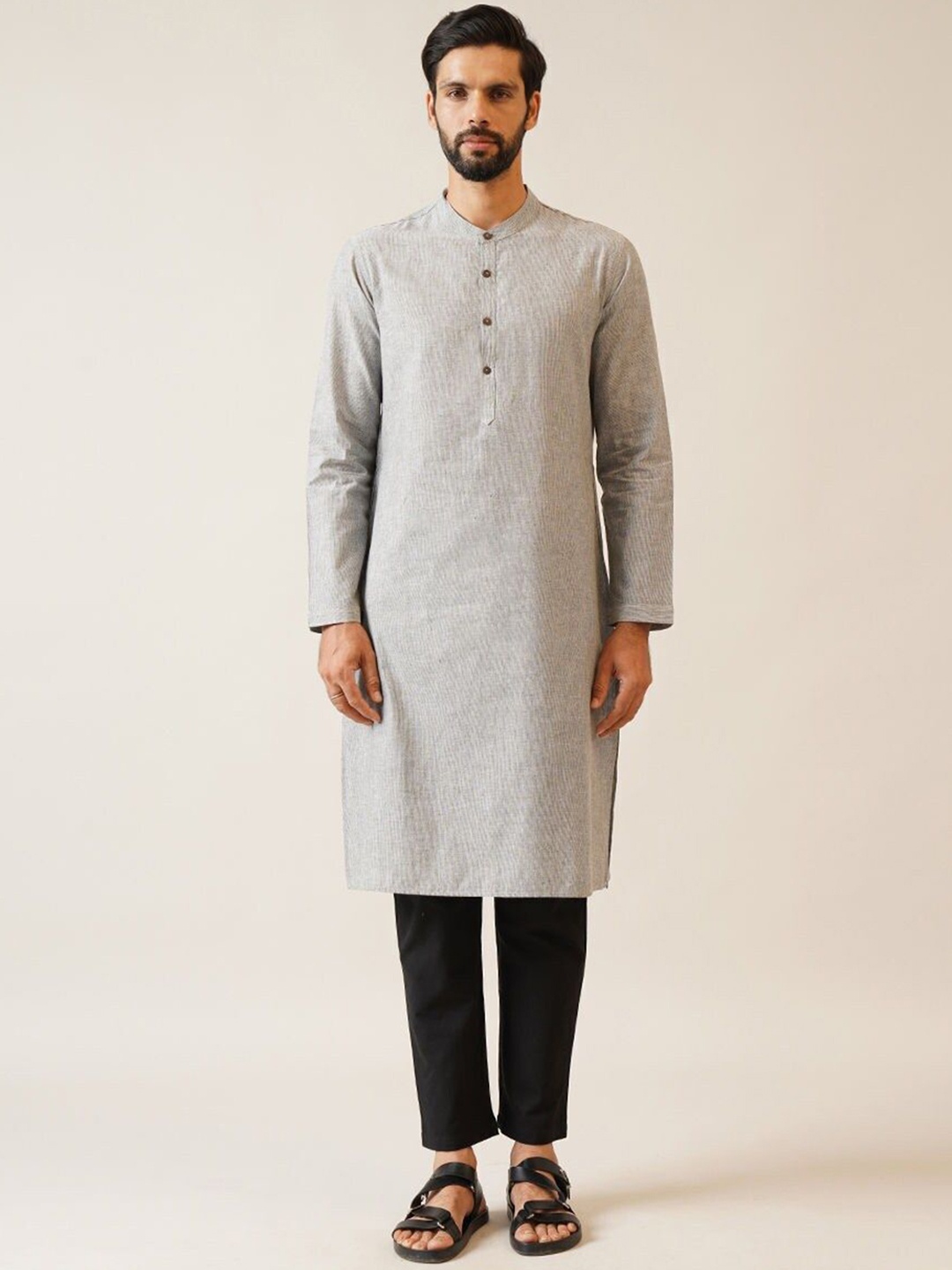 

JAYPORE Band Collar Long Roll-Up Sleeves Pure Cotton Kurta, Grey