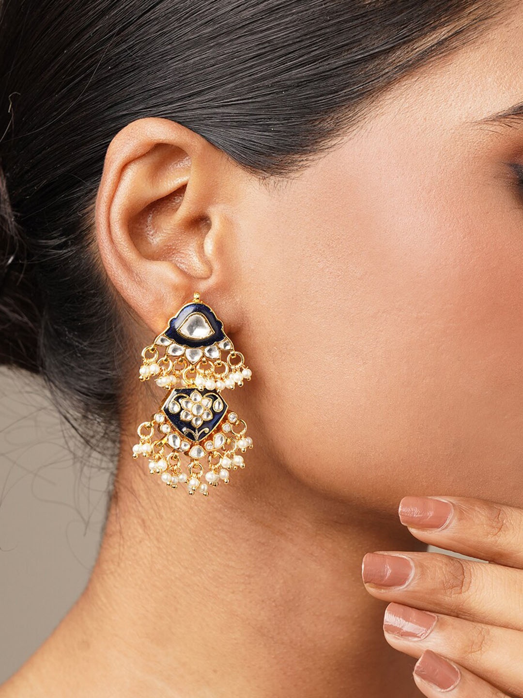 

JAYPORE Stone Studded & Beaded Drop Earrings, Gold