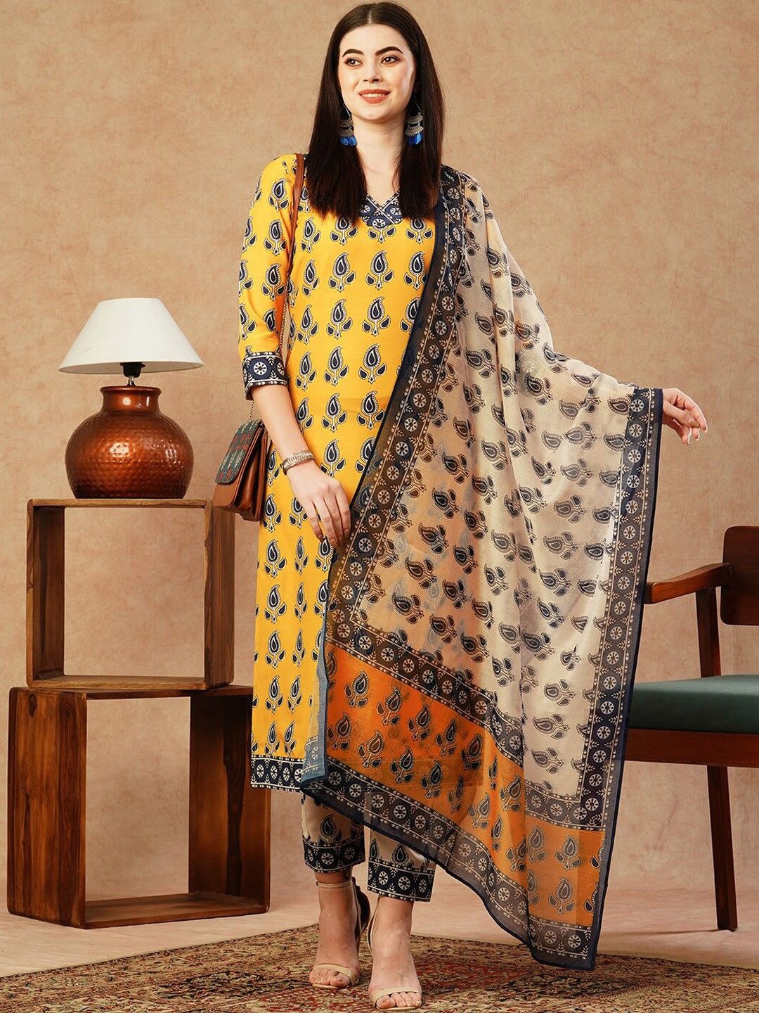 

GoSriKi Ethnic Motifs Printed V-Neck Straight Kurta with Trousers & Dupatta, Mustard