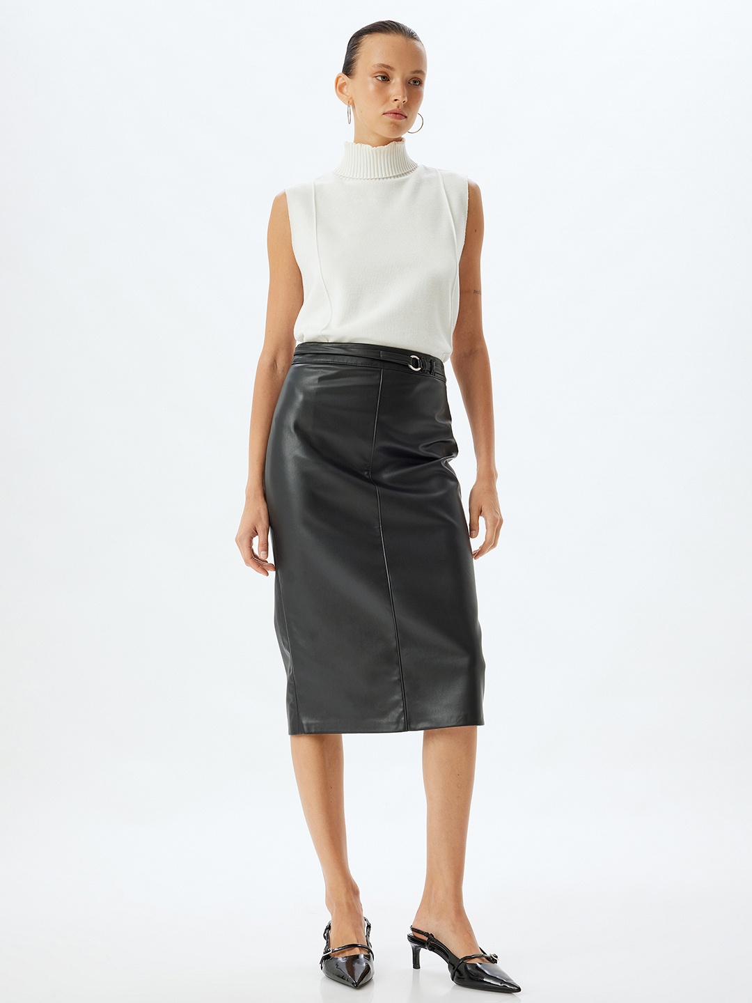 

Koton Women Back Slit Straight Midi Skirt, Black