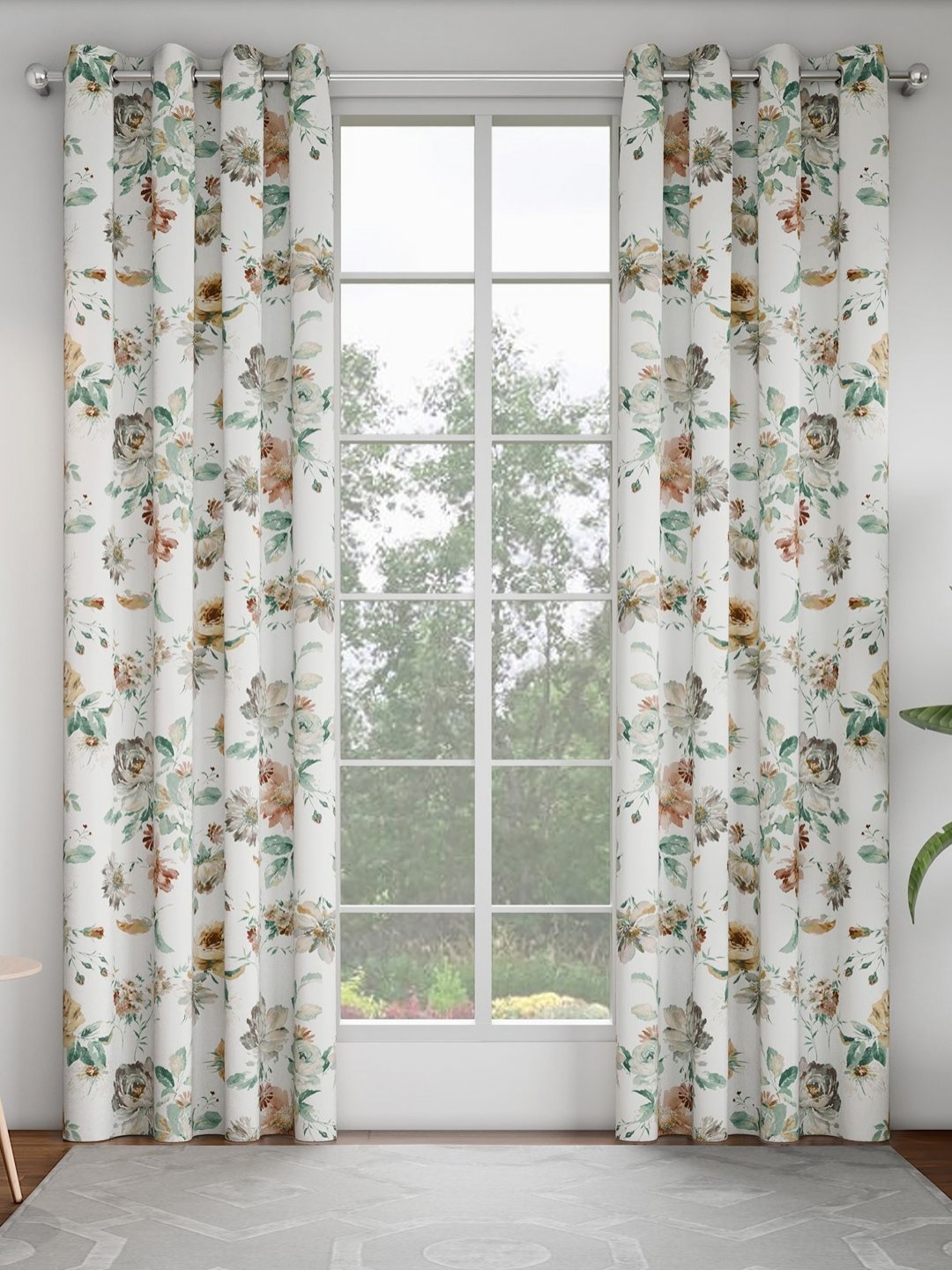 

GM White & Green 2 Pieces Floral Printed Door Curtain