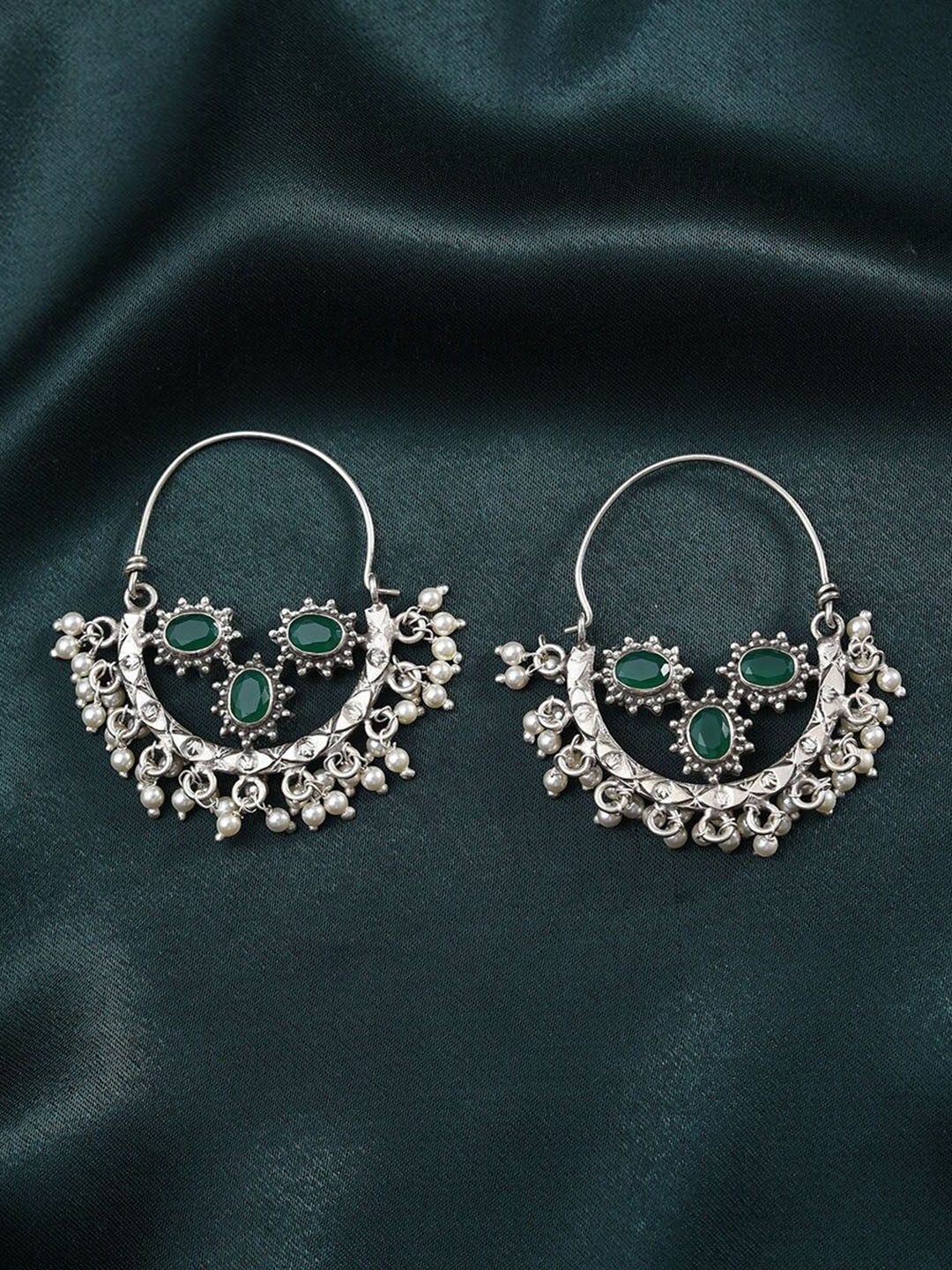 

JAYPORE Silver Stone Studded & Beaded Contemporary Chandbalis