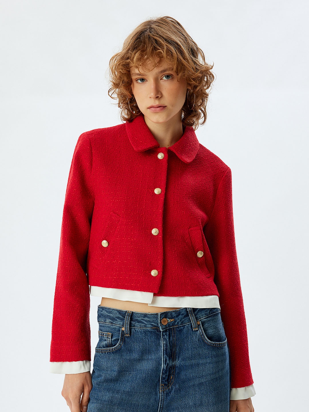 

Koton Women Spread Collar Solid Cotton Casual Tailored Jacket, Red