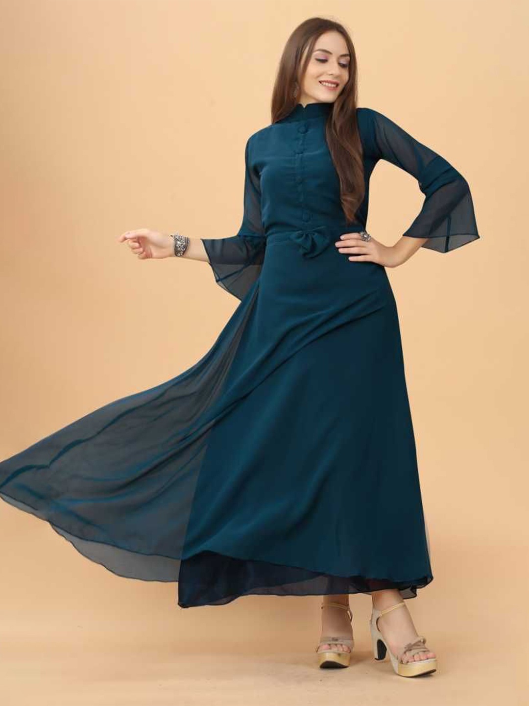 

Krunal Raiyani Women Flared Sleeve Applique Fit & Flare Maxi Dress, Blue