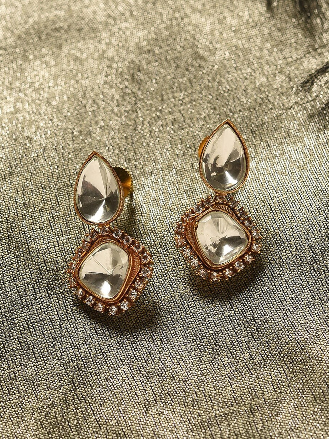 

JAYPORE Stone Studded Contemporary Drop Earrings, Silver