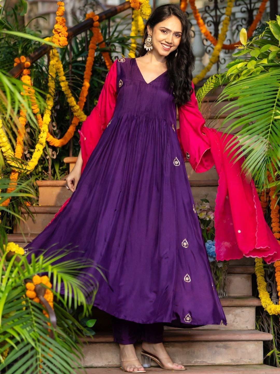 

HOUSE OF JAMOTI Floral Embroidered Empire Anarkali Kurta With Trouser & Dupatta, Purple