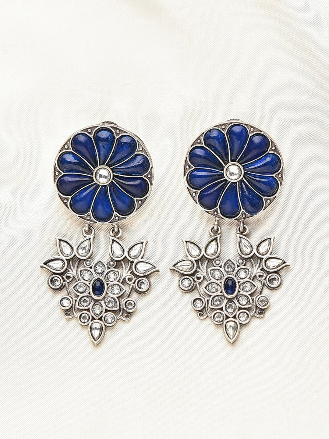 

JAYPORE Stone Studded Floral Drop Earrings, Silver