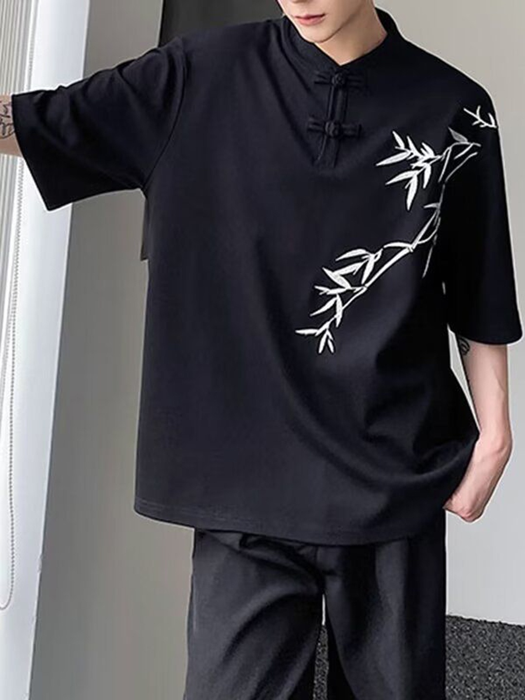 

StyleCast Men Graphic Printed Henley Neck Cotton Oversized T-shirt, Black