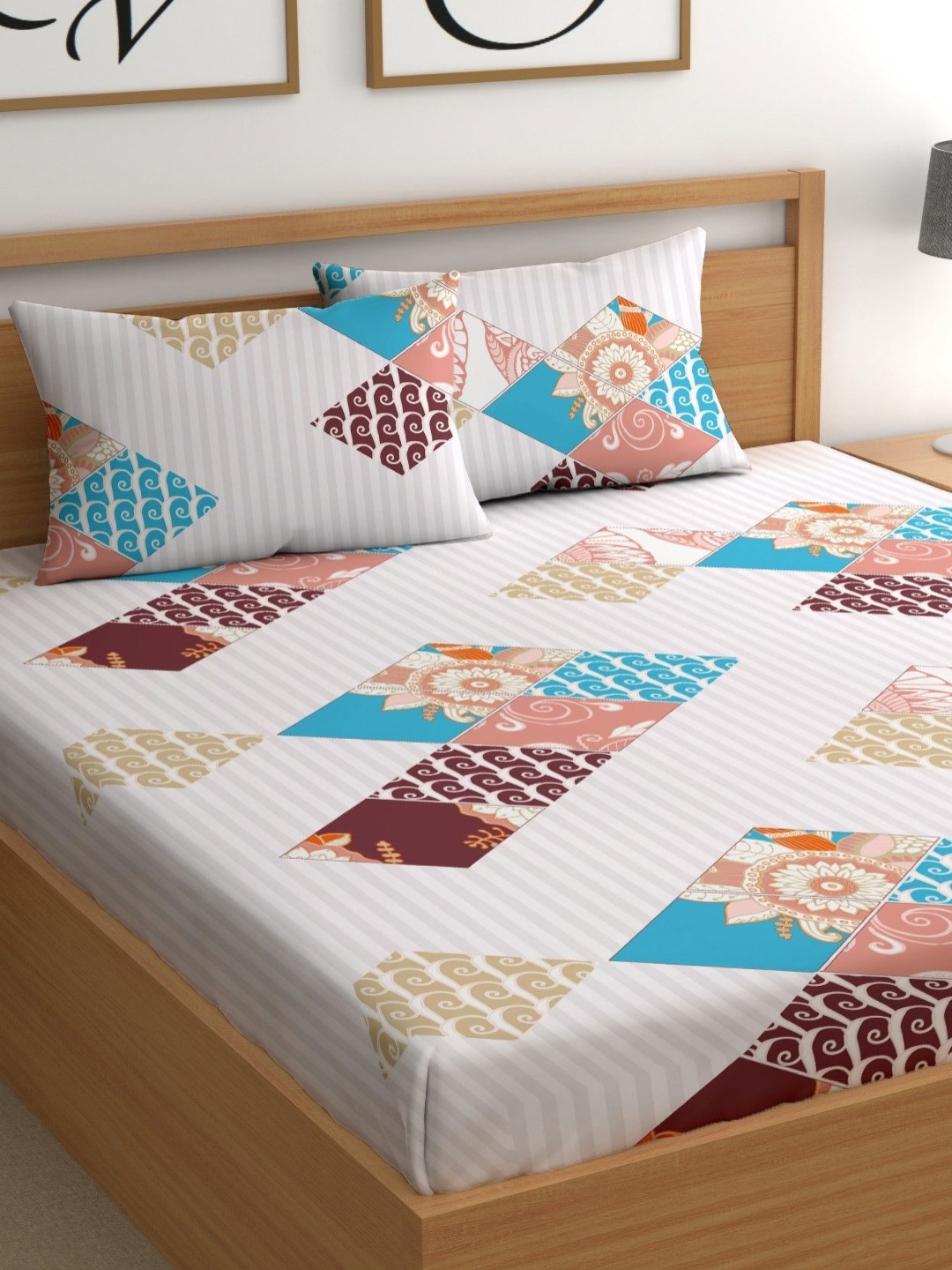 

CHHAVI INDIA Beige Abstract Printed Microfiber 210 TC Queen Bedsheet Set 2.50 m x 2.25 m
