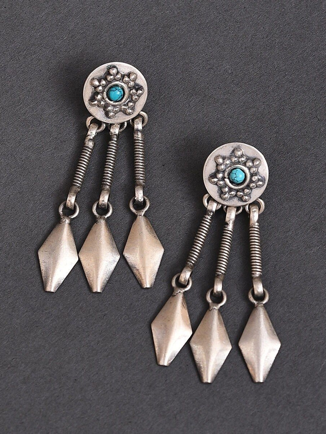 

JAYPORE Silver Stone Studded Contemporary Drop Earrings