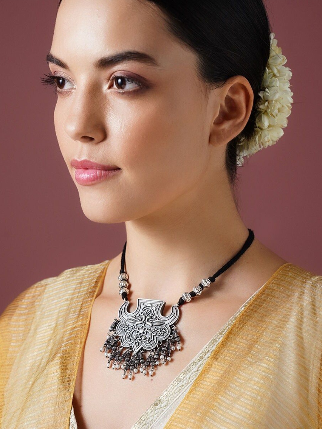 

JAYPORE Brass Silver-Plated Beaded Necklace