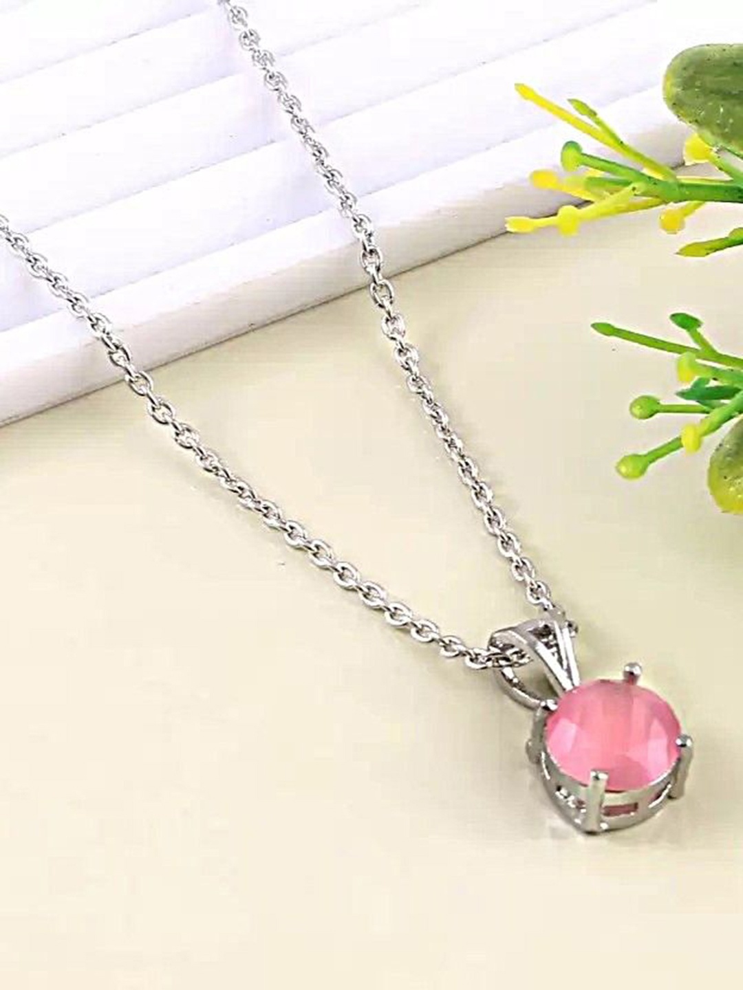 

9blings Silver-Plated Stone Studded Circular Pendant with Chain