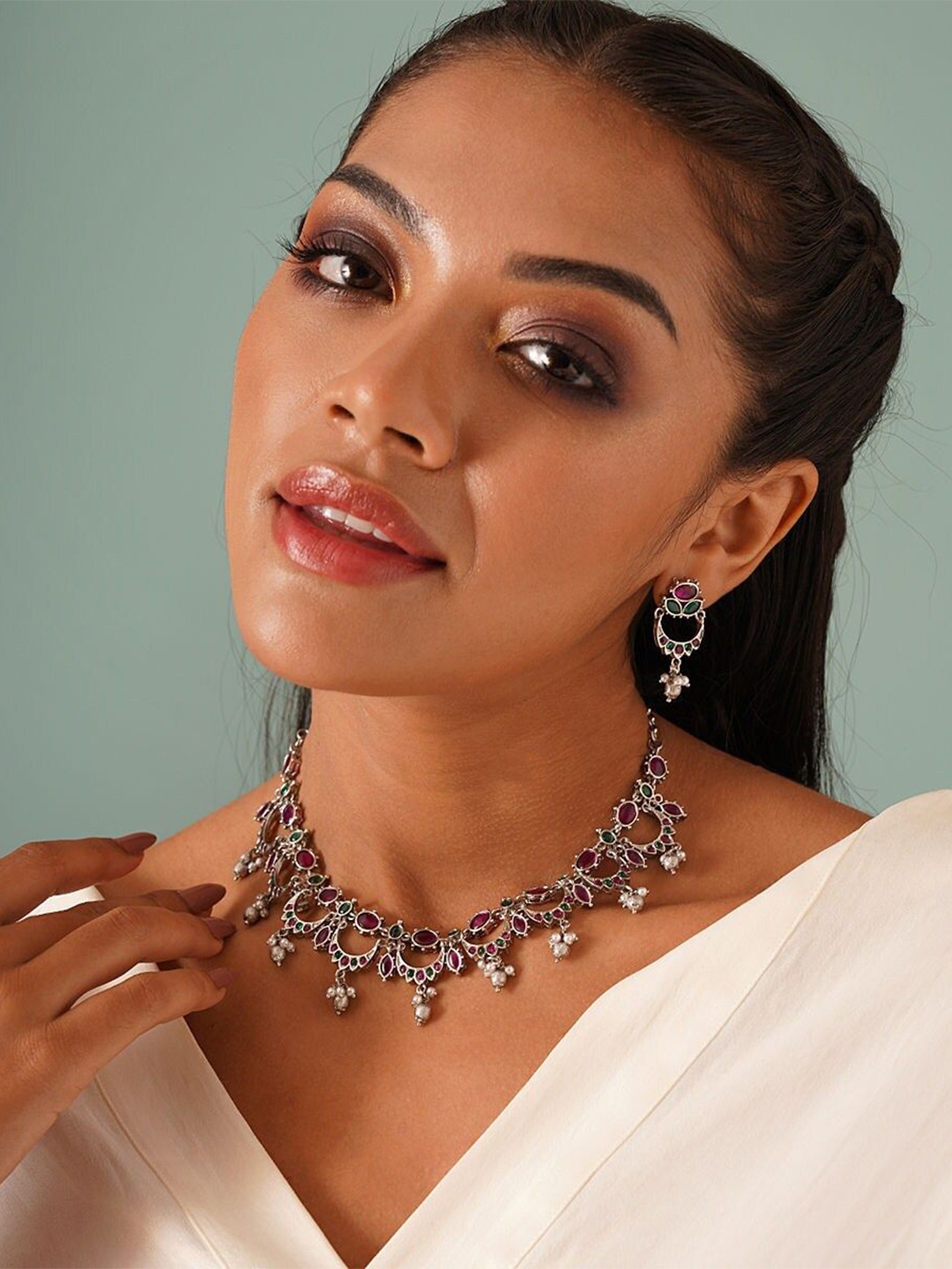 

JAYPORE Stone Studded & Beaded Necklace and Earrings, Silver