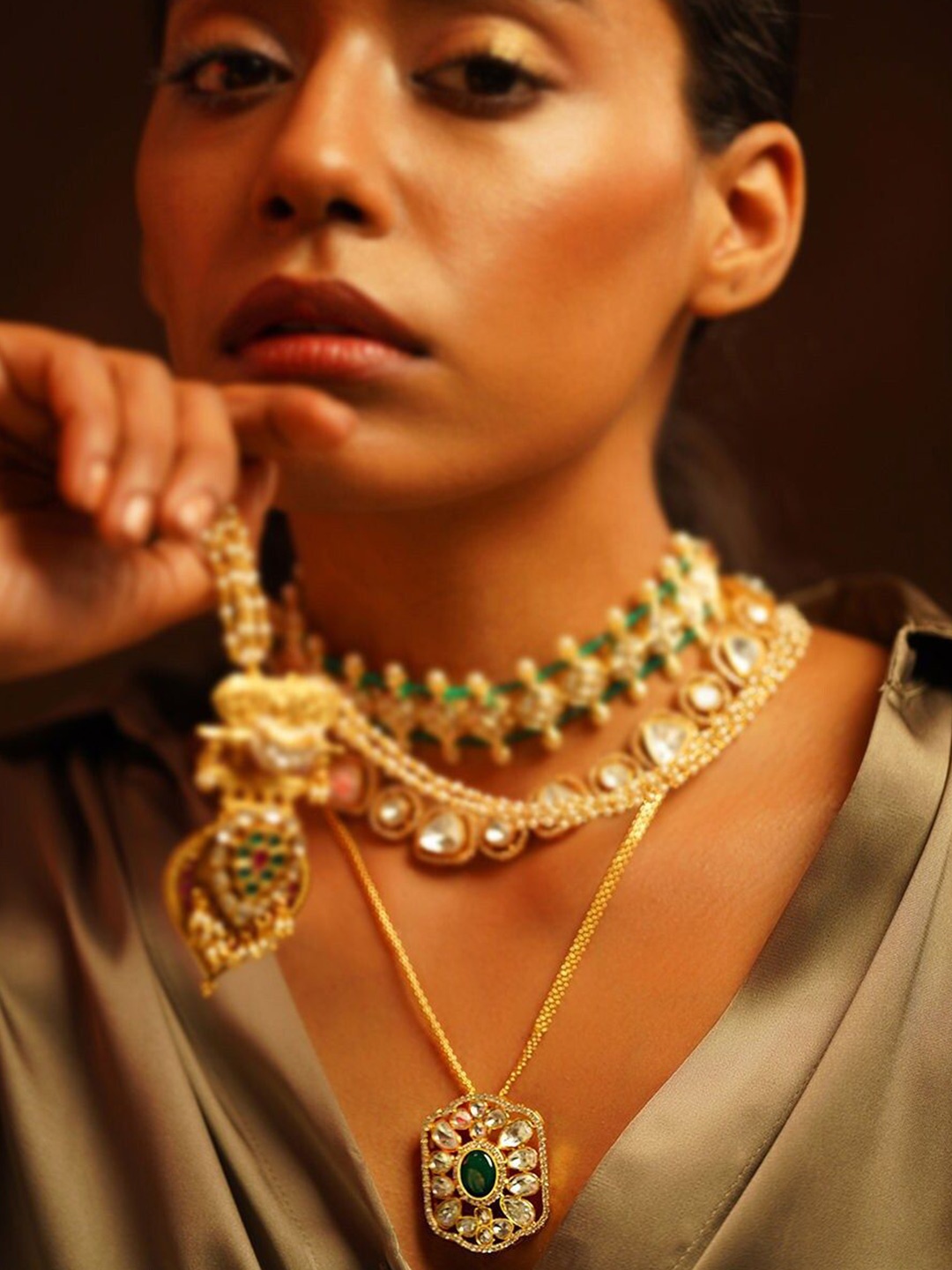 

JAYPORE Brass Kundan Stone Necklace, Gold