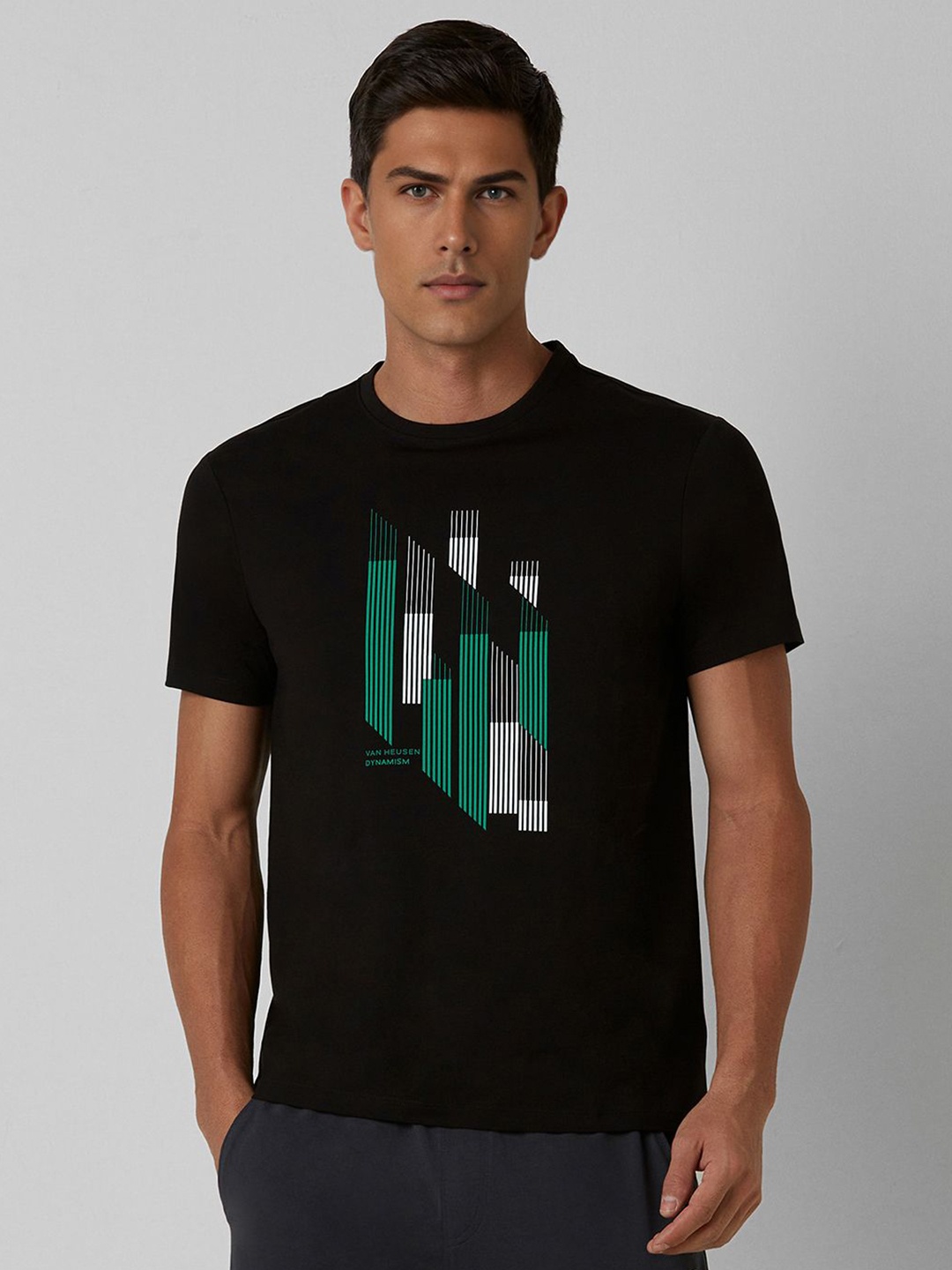 

Van Heusen Flex Men Graphic Printed Round Neck Cotton Slim Fit T-shirt, Black