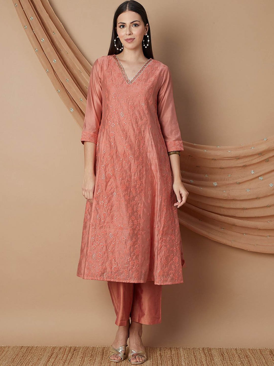 

Melange by Lifestyle Embroidered Sequined Silk A-Line Kurta With Trousers & Dupatta, Rust