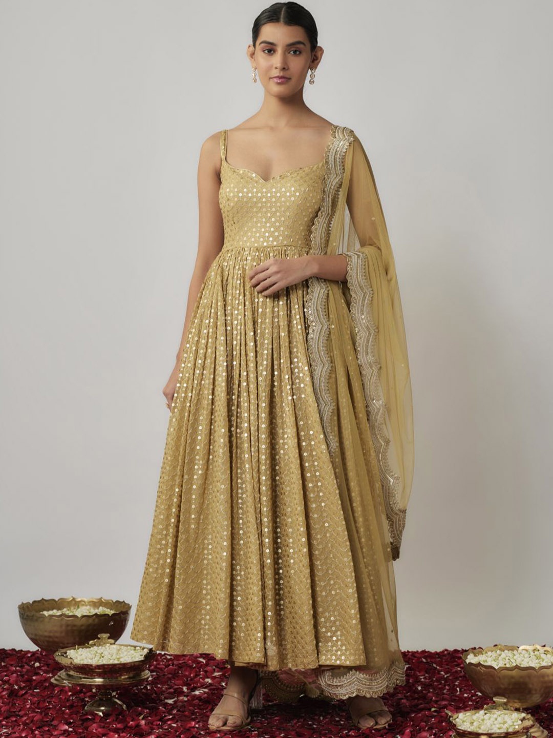 

Renee Label Floral Embroidered Empire Sequinned Anarkali Kurta With Churidar & Dupatta, Gold