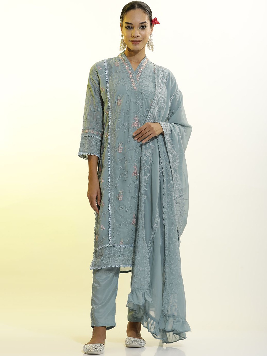 

Jaipur Kurti Festive Embroidered Georgette Kurta Set With Dupatta, Blue