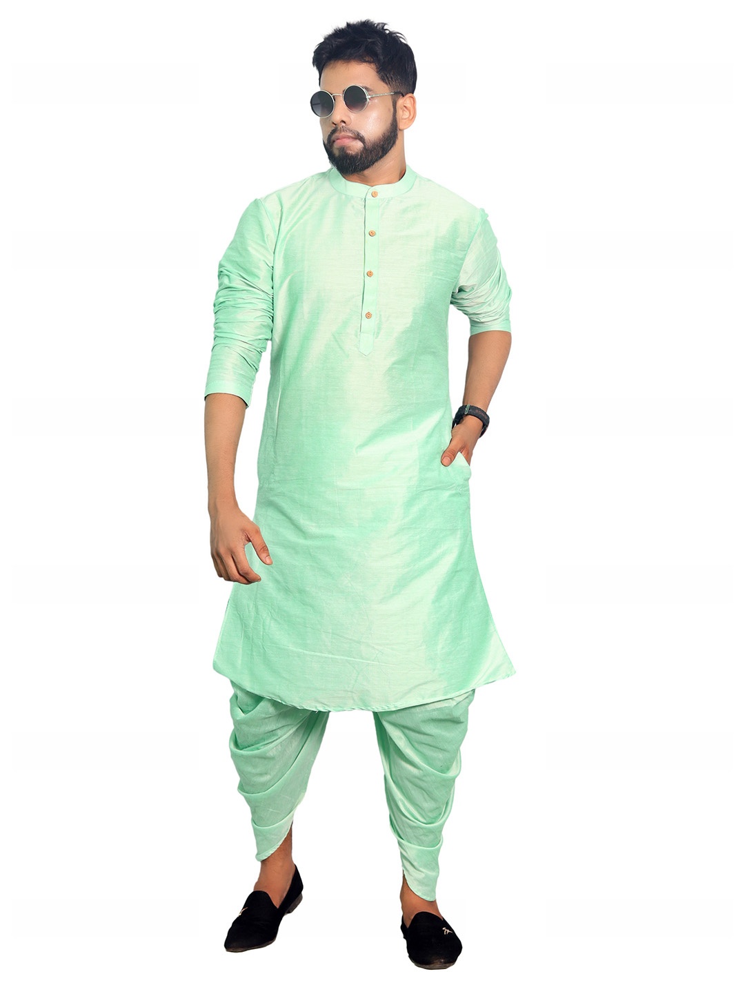 

House of Aqss Mandarin Collar Long Sleeves Straight Kurta, Green