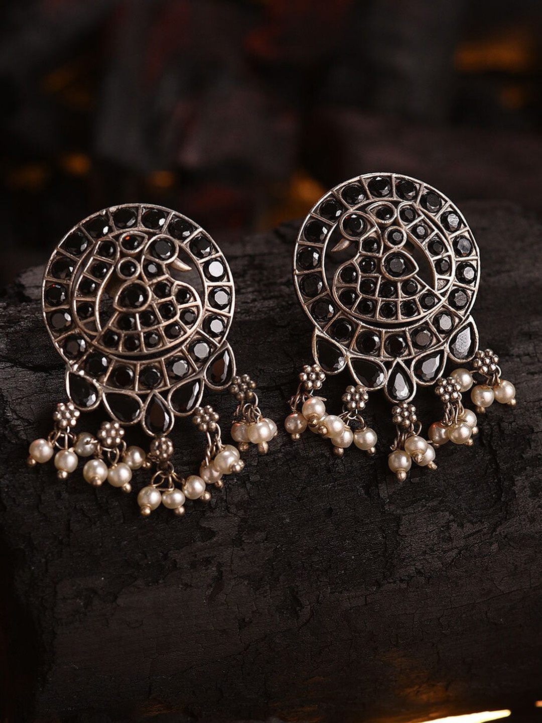

JAYPORE Stone Studded Contemporary Drop Earrings, Silver