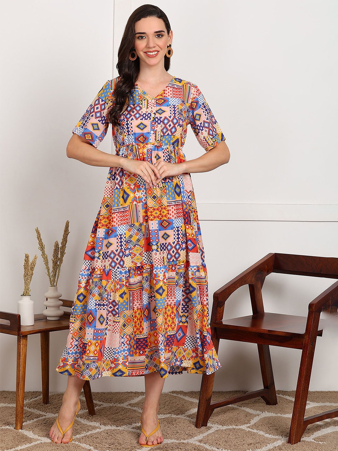 

Murcia Women Ethnic Motifs Print Empire Maxi Dress, Multi