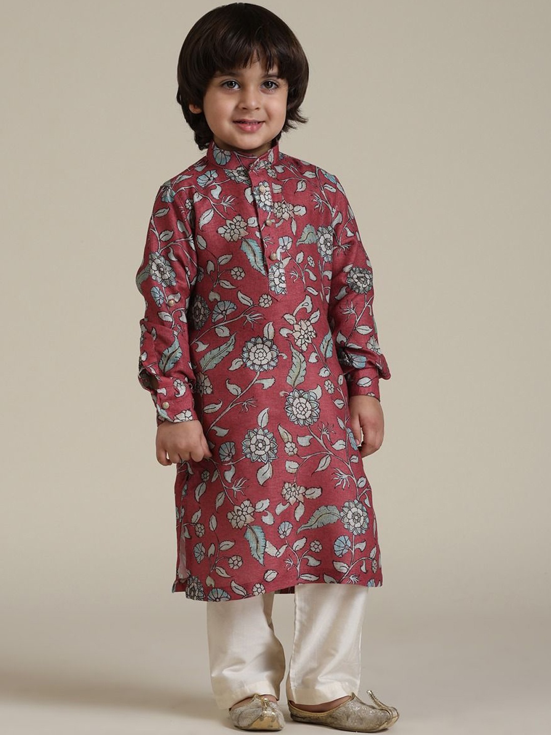 

Manyavar Boys Floral Printed Band Collar Straight Kurta with Trouser, Rust