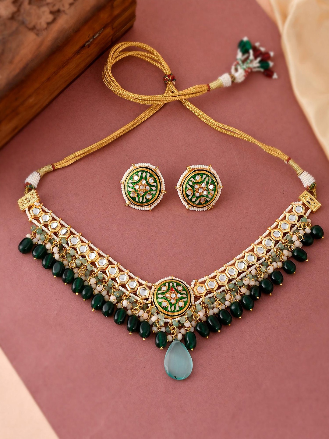 

DASTOOR Gold-Plated Stone-Studded & Beaded Jewellery Set