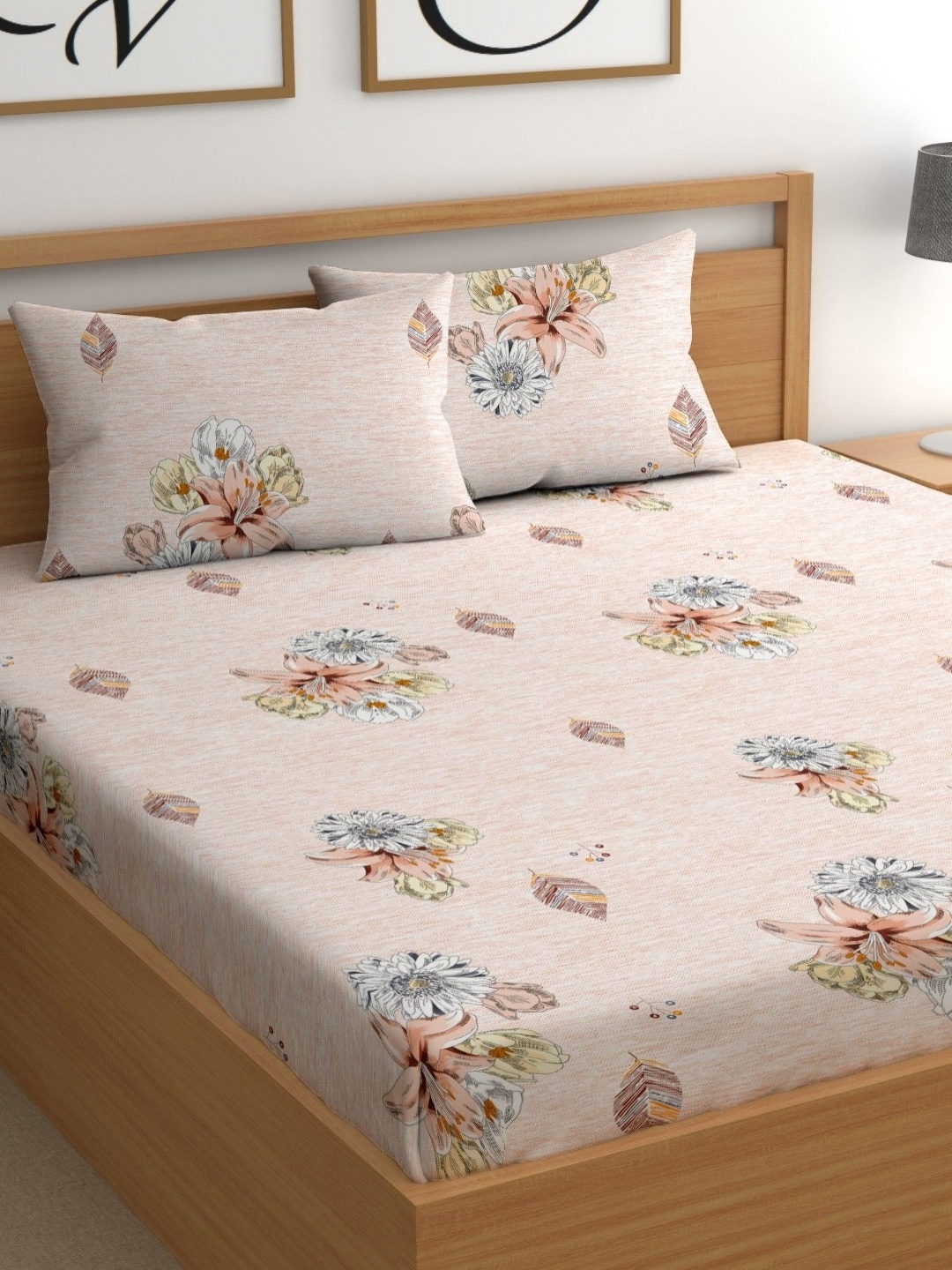 

CHHAVI INDIA Beige Floral Printed Microfiber 210 TC Queen Bedsheet Set 2.5 x 2.25 m