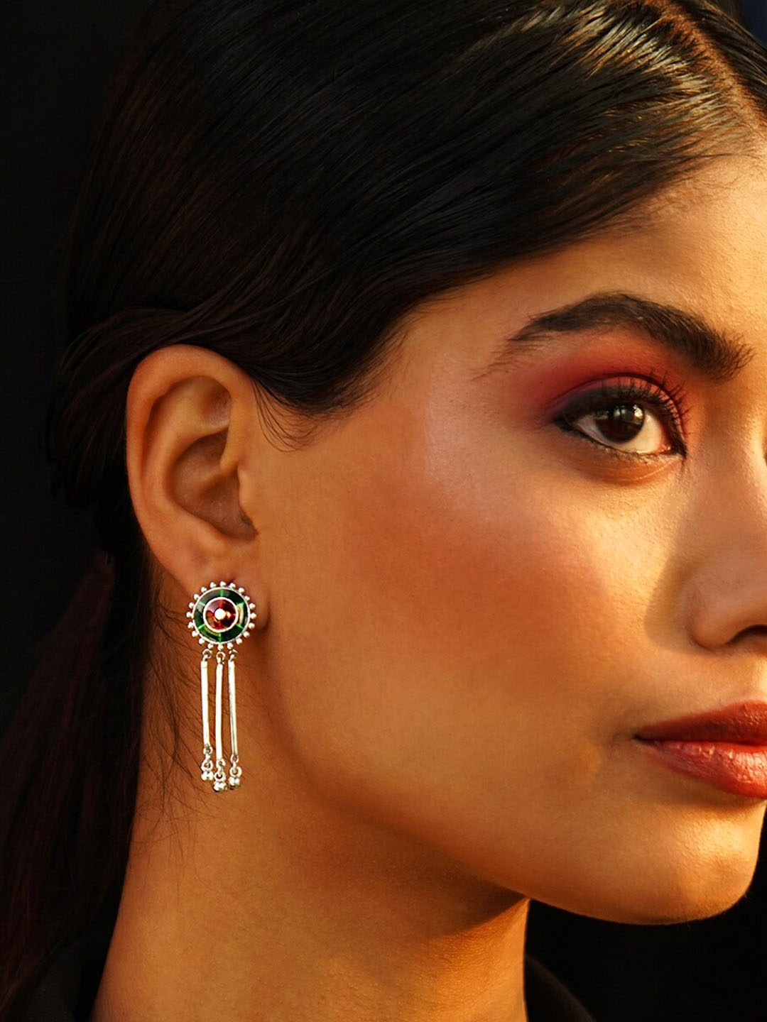 

JAYPORE Artificial Stones Studded Contemporary Drop Earrings, Silver
