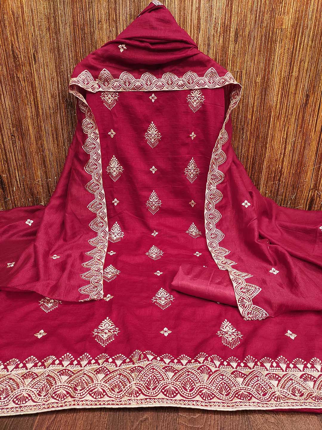 

Maroosh Ethnic Motifs Embroidered Zari Unstitched Dress Material, Pink