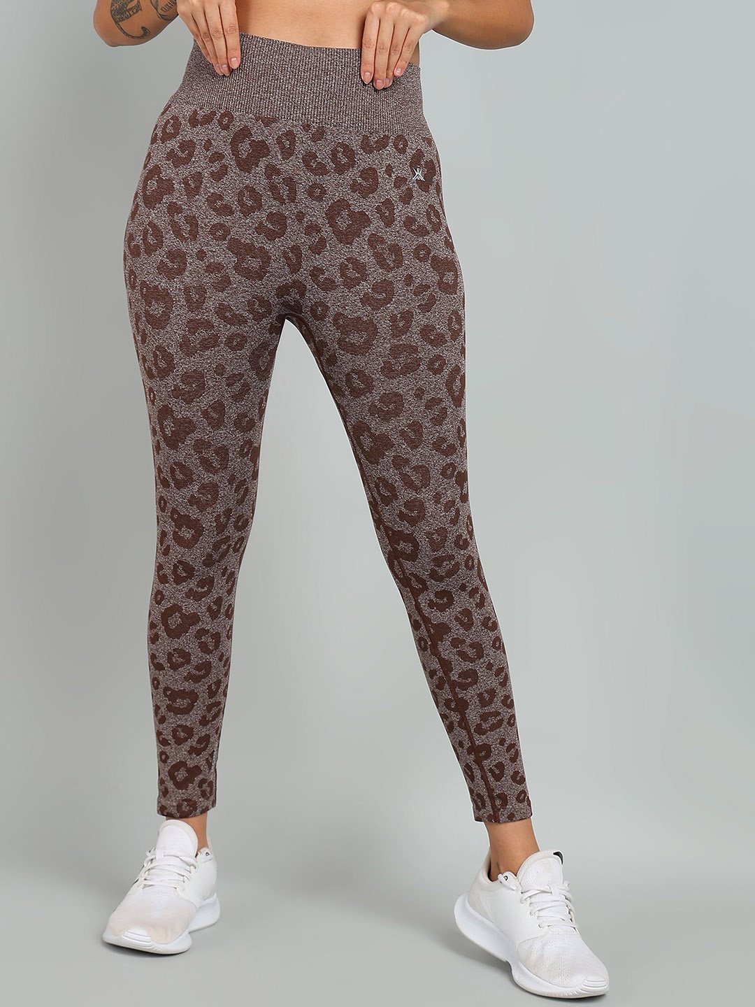 

KOBO Women Printed Ankle Length Rapid-Dry Gym Tights, Brown