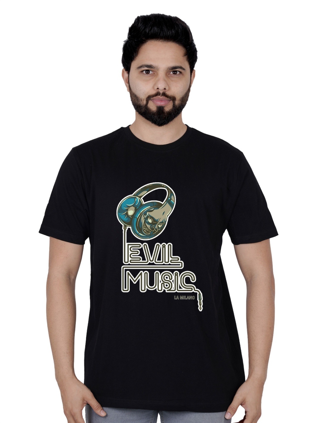 

LA MILANO Men Graphic Printed Round Neck Pure Cotton Slim Fit T-shirt, Black