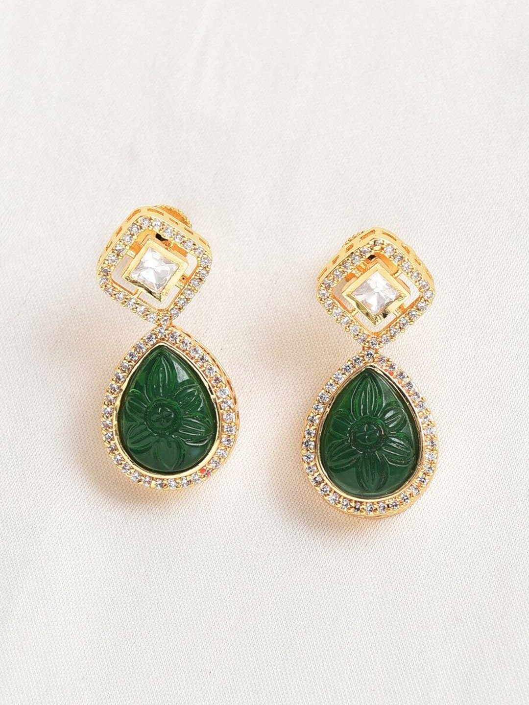 

JAYPORE Teardrop Shaped Stone Studded Drop Earrings, Gold