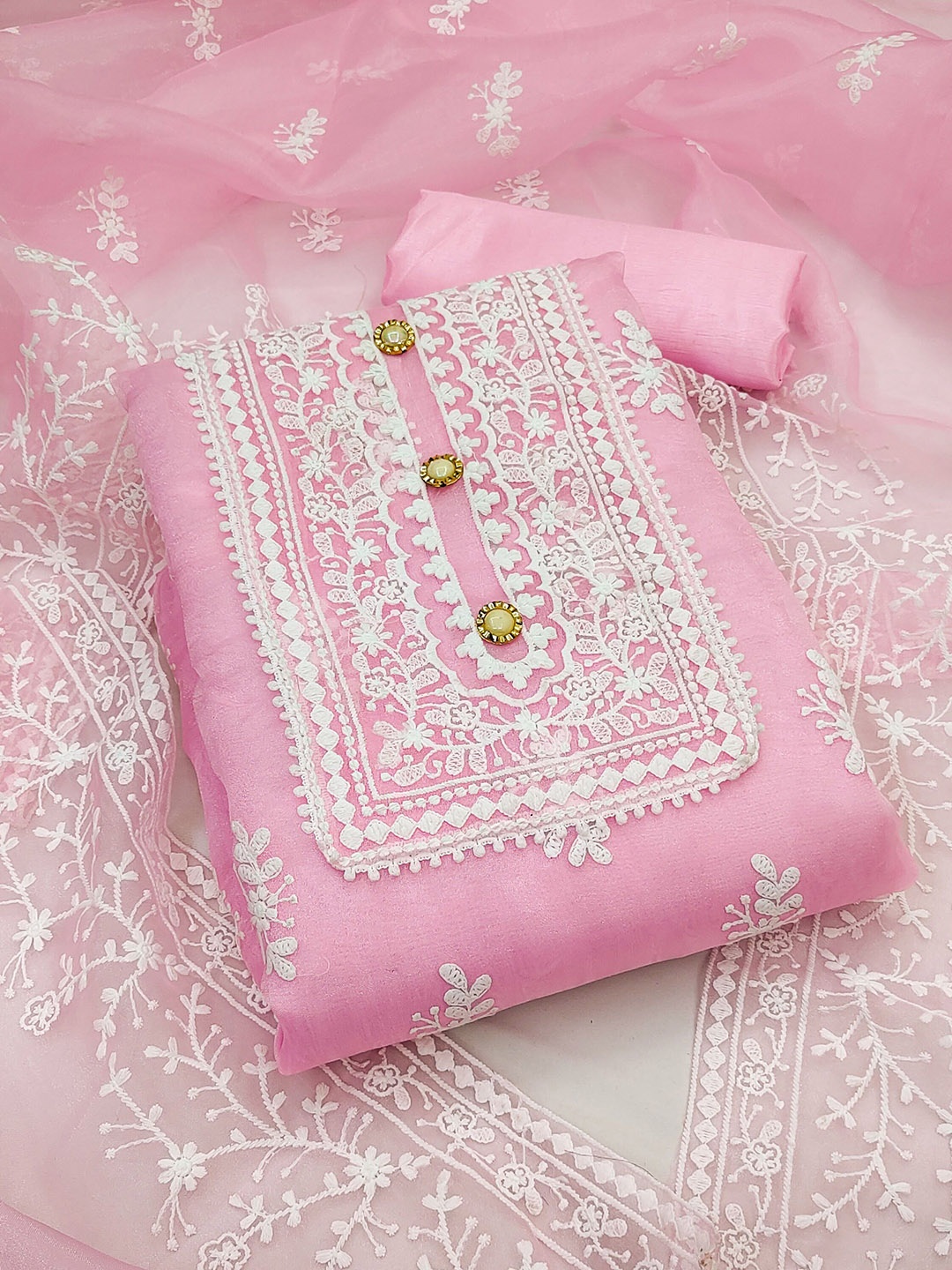 

Maroosh Floral Embroidered Organza Unstitched Dress Material, Pink
