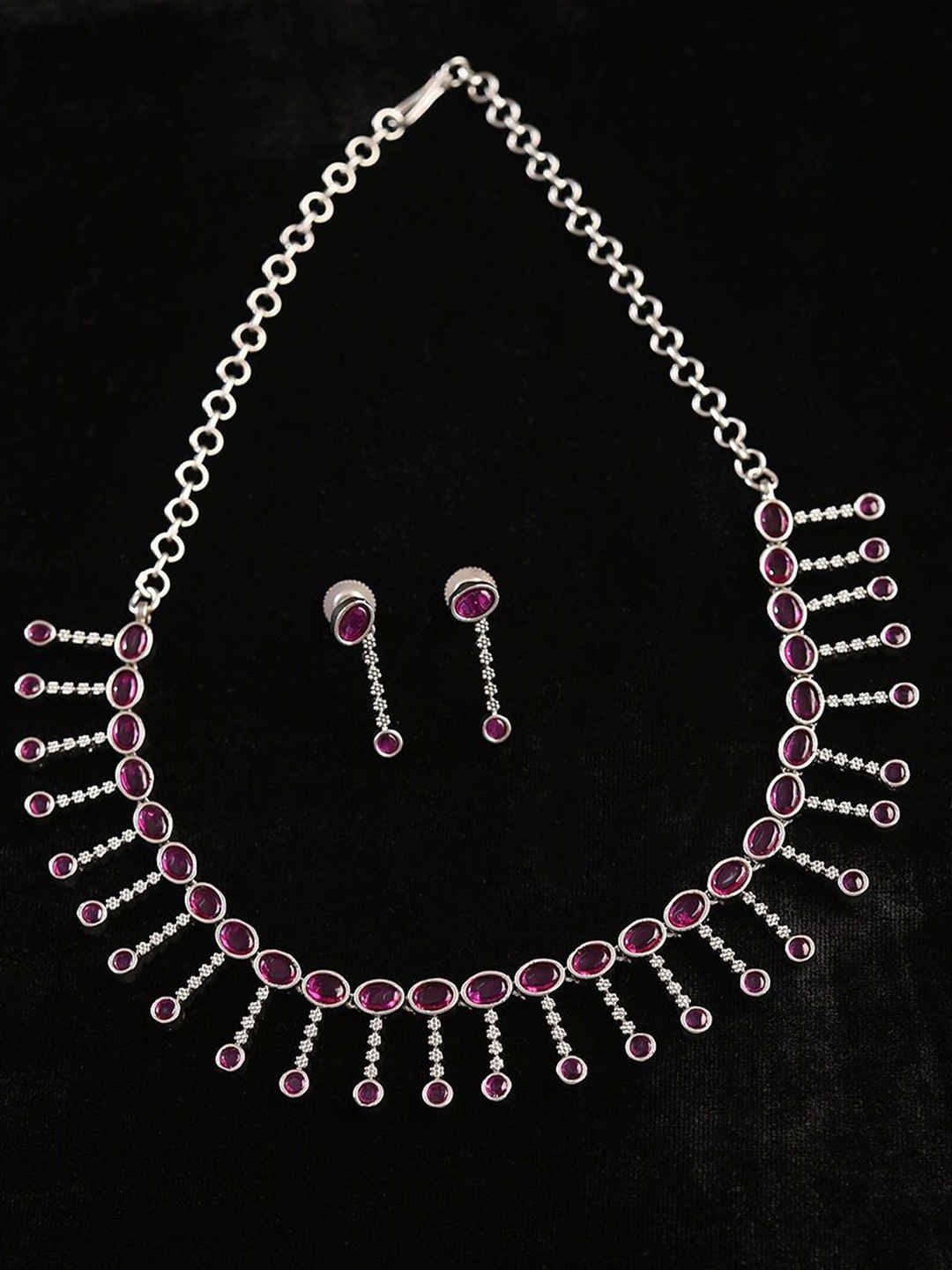 

JAYPORE Brass Stones Studded Necklace & Earrings, Silver