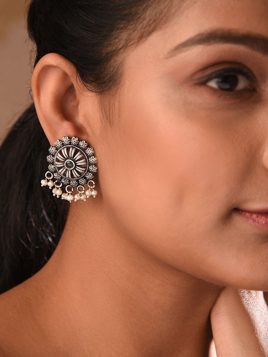 

JAYPORE Silver Beaded Contemporary Studs Earrings