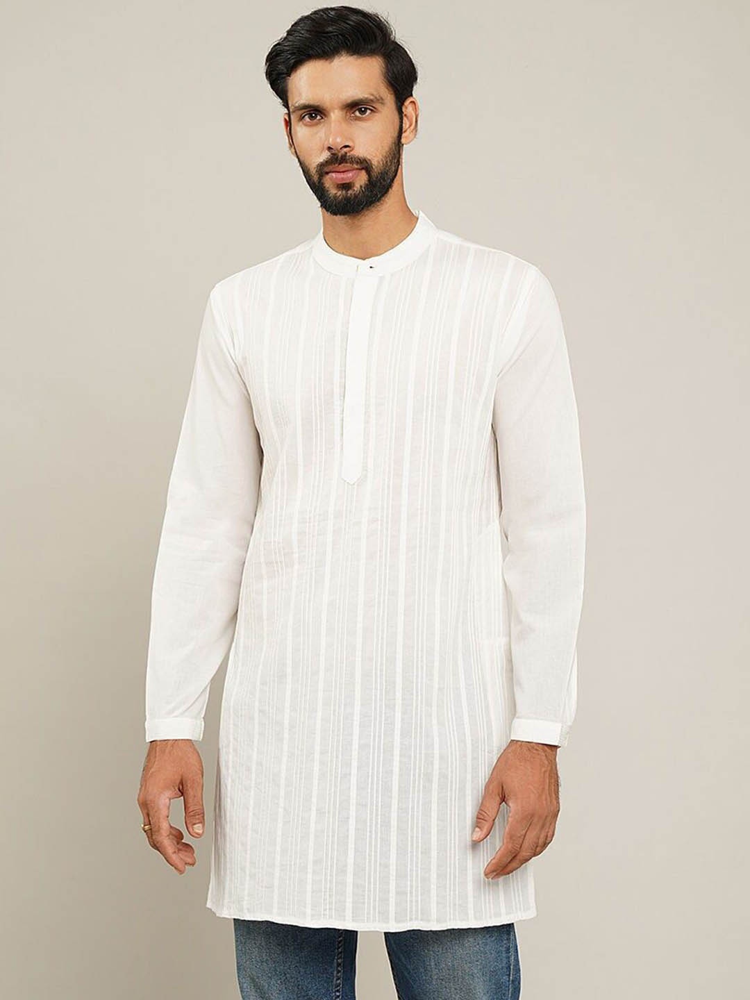 

JAYPORE Striped Woven Design Band Collar Neck Long Roll-Up Sleeves Pure Cotton Kurta, White