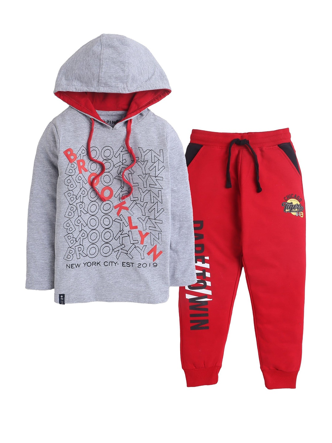 

3PIN Boys Printed Hooded Pure Cotton T-shirt with Joggers Clothing Set, Grey