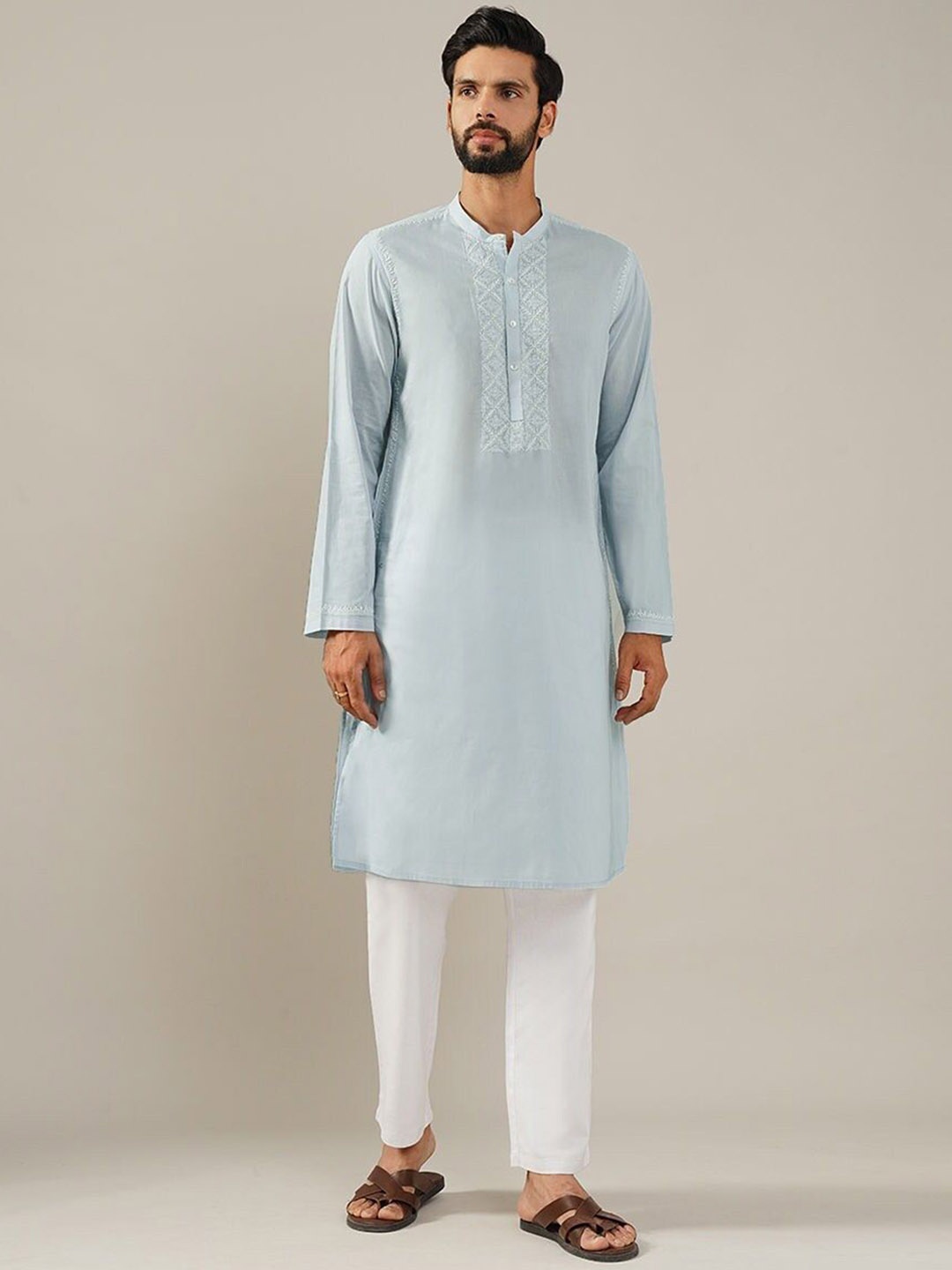 

JAYPORE Floral Yoke Design Chikankari Pure Cotton Straight Kurta, Blue