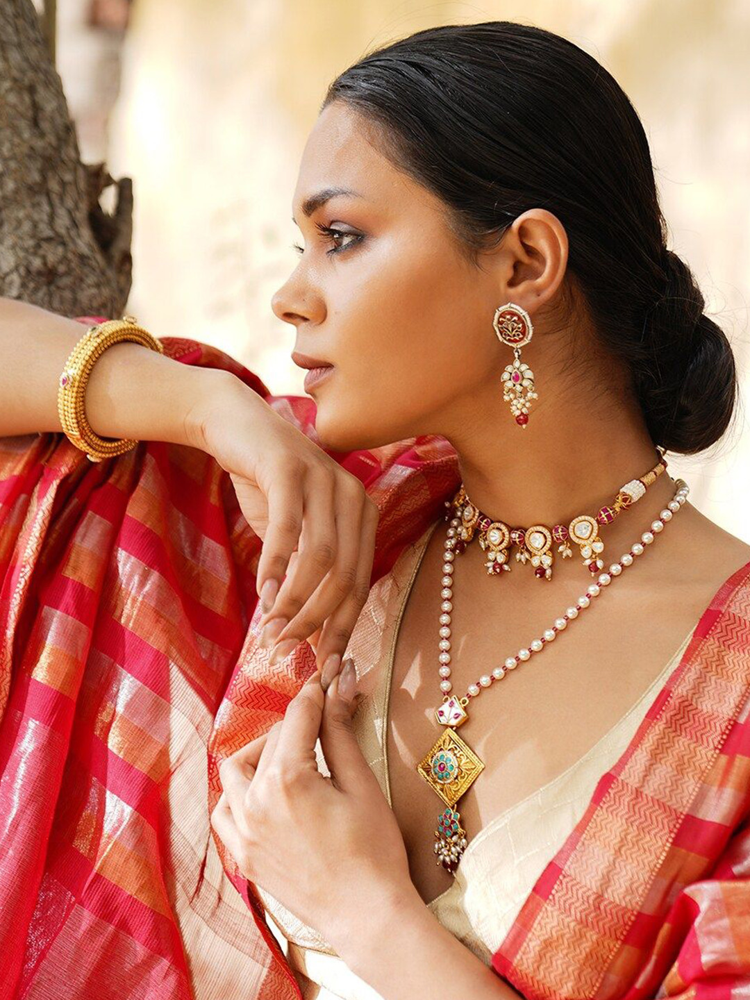 

JAYPORE Brass Stone Studded Necklace, Gold