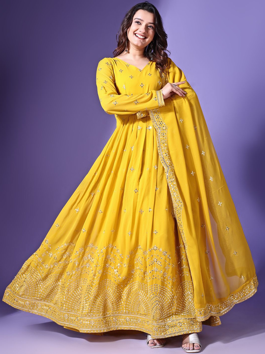 

KALINI Floral Embroidered Thread Work Georgette Anarkali Kurta With Dupatta, Yellow