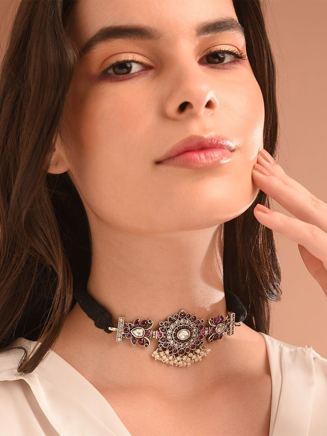 

JAYPORE Silver Faux Ruby Necklace