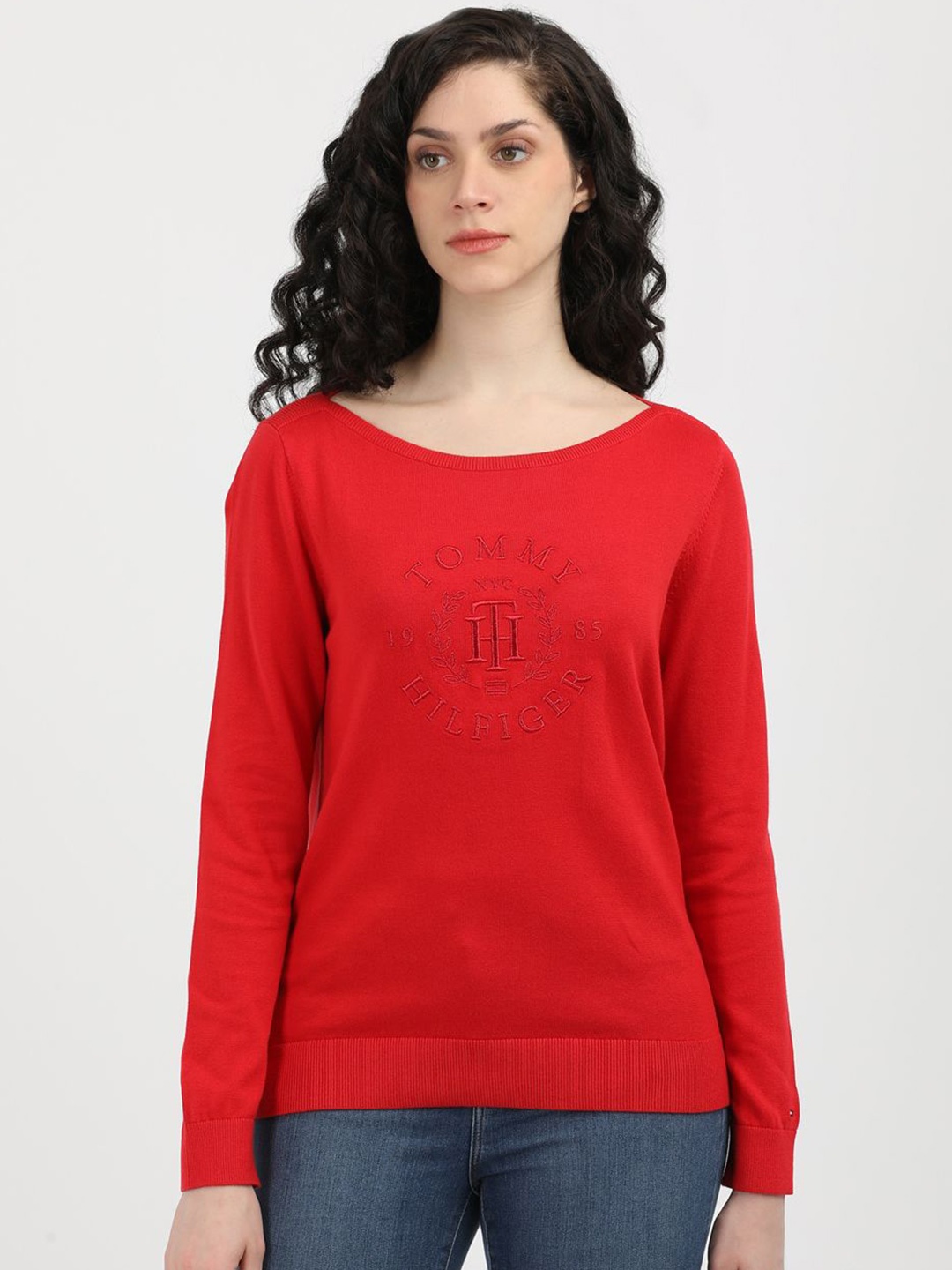 

Tommy Hilfiger Women Boat Neck Typography Cardigan, Red