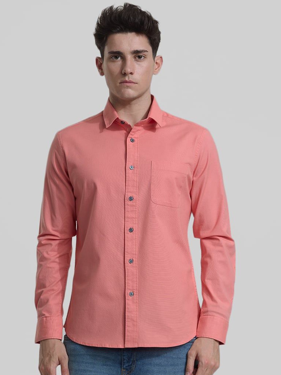 

Snitch Men Smart Spread Collar Solid Cotton Slim Fit Casual Shirt, Coral