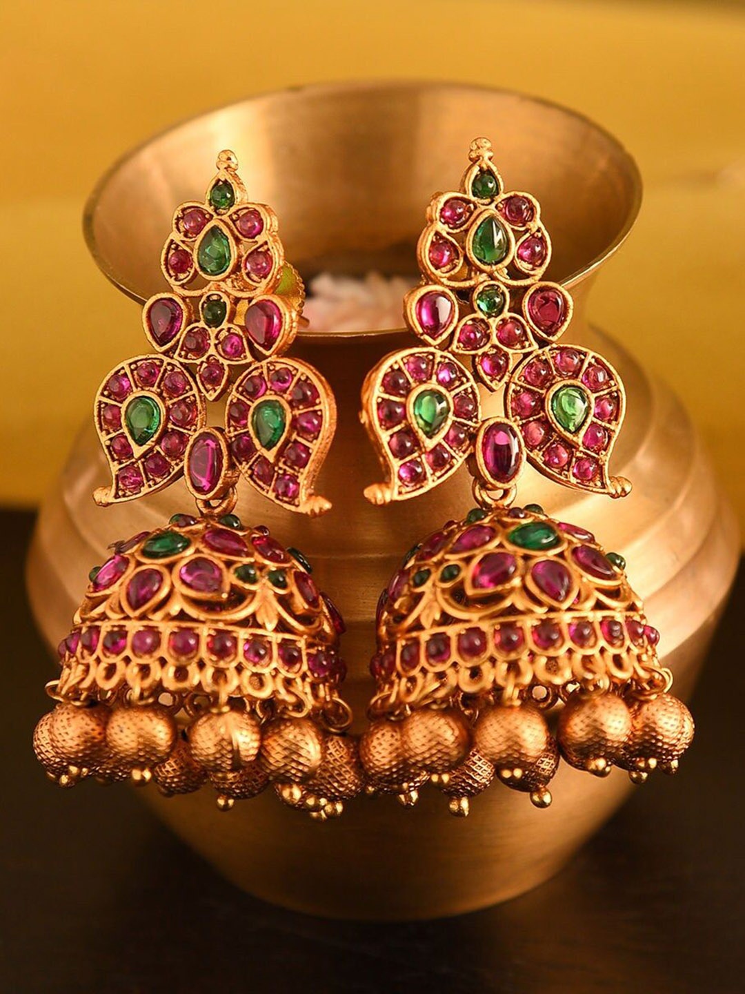 

JAYPORE Floral Shaped Stone Studded Jhumkas, Silver